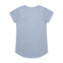 A light blue t-shirt with short sleeves and a rounded hem, featuring a logo on the back.