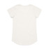 A plain white t-shirt with a rounded hem and short sleeves, featuring a logo on the back.