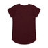 A maroon t-shirt featuring a rounded hem and short sleeves. It has a logo on the back.