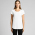 A white T-shirt with short sleeves and a rounded neckline, featuring a logo on the front.