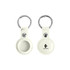A white PU leather AirTag holder with a keyring and a logo, displayed from two angles.