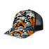 A vibrant mesh cap featuring a floral design in orange, blue, and cream, with a black mesh back.