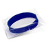 A blue silicone wristband in clear packaging, featuring a smooth, debossed surface.