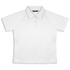A white women's polo shirt with short sleeves and a collar, featuring a logo on the chest.