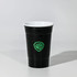 A drink cup featuring a black exterior and a white interior, with a logo on the side.