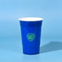 A blue double wall party cup with a white interior, featuring a logo on the front.