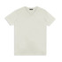 A plain white men's T-shirt with a V-neck design and short sleeves. It features a logo.