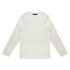 A white long sleeve crew shirt with a simple design and a logo on the label.