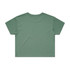 A green cropped t-shirt featuring a simple design and a branding logo.