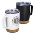 A drink bottle featuring a white and black vacuum mug, each with a cork base and clear lid. One mug has a branding logo.
