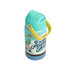 A drink bottle featuring a light blue design with a yellow handle and colourful graphics. It has a logo on the body.