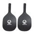 A pair of black pickleball paddles with grip handles, each featuring a logo. Perfect for outdoor sports activities.