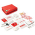 A red first aid kit with various supplies including bandages, gauze, scissors, and adhesive strips.