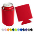 A red foam stubby cooler with a can partially inserted, next to a flat version for display. Available in various colours.