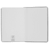 A closed black notebook with blank pages and a small logo on the inner cover.
