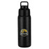 A drink bottle featuring a textured black design and a prominent logo, with a sturdy lid and handle.