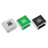 Three small cases in silver, green, and black, each containing a pair of earbuds. Each case features a logo.