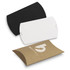 A collection of small pillow boxes in black, white, and brown, featuring a logo on the brown box.
