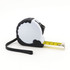 A retractable tape measure in black and white, featuring a yellow measuring tape with a hook at the end.