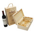 A wooden wine box with a handle, featuring one compartment and straw filling, alongside a wine bottle.