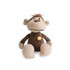 A brown and beige monkey plush toy with a friendly face, featuring a small logo on its chest.