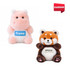 A pink hippo plush toy and a brown and orange red panda plush toy, both with labels, featuring soft fur.