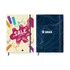 B5 notebooks with full colour cardboard covers in artistic designs, featuring a logo on one cover and colourful graphics on the other.