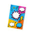 A5 notebook with a vibrant comic-style design featuring blue, yellow, and pink sections, and a spiral binding.