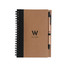 A Kraft notebook with a black spiral binding and a matching ballpoint pen, featuring a logo on the cover.