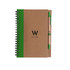A kraft notebook with a green spine and a matching ballpoint pen. The notebook features a logo on the cover.