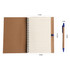 A kraft notebook with lined pages and a blue ballpoint pen, featuring a spiral binding and natural brown cover.