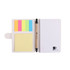 A sticky note wallet featuring a yellow sticky pad, vibrant flags in pink, green, and blue, and a brown pen.