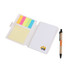 A sticky note wallet featuring yellow, pink, blue, and green sticky notes, with a pen beside it. It includes a logo.