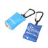 A blue microfibre lens cloth with a carabiner, featuring a logo and rolled inside a pouch.