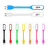 A collection of slim USB light cables in blue, white, black, red, orange, green, yellow, pink, and purple, featuring branding.