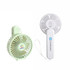 A foldable USB handy fan in mint green and white, featuring logos on both sides and a convenient strap.