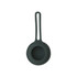 A dark green silicone strainer with a long handle, designed for kitchen use.