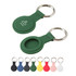 A green silicone Air Tag protective case with a keyring, featuring a logo, and available in various colours.