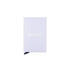 A silver metal RFID card holder with a logo, featuring a sleek, minimalist design and a black accent.