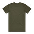 An olive green t-shirt with a plain back and short sleeves, featuring a logo.