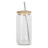 A glass tumbler with a clear body, bamboo lid, and stainless steel straw, showcasing a sleek and modern design.