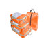 Four orange travel packing cubes stacked together, featuring mesh panels and a matching orange bag with a handle.