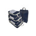 A set of navy travel packing cubes with mesh panels, featuring handles and a zippered closure.