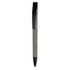 A plastic pen in grey and black with a sleek design and a clip at the top, featuring branding.