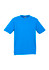 A bright blue short sleeve men's tee is displayed, featuring a classic crew neck style and a logo on the label.