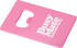 A pink drink bottle opener in a card shape featuring a circular cutout and a logo.