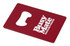 A drink bottle opener in red with a rounded cut-out and a logo. Flat design suitable for keyring attachment.
