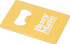A yellow bottle opener keyring with a cut-out design and a logo.