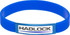 A blue silicon wristband featuring a central branding element. The wristband is flexible and smooth in texture.