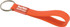 An orange silicone sling keyring with a circular metal ring and a logo.